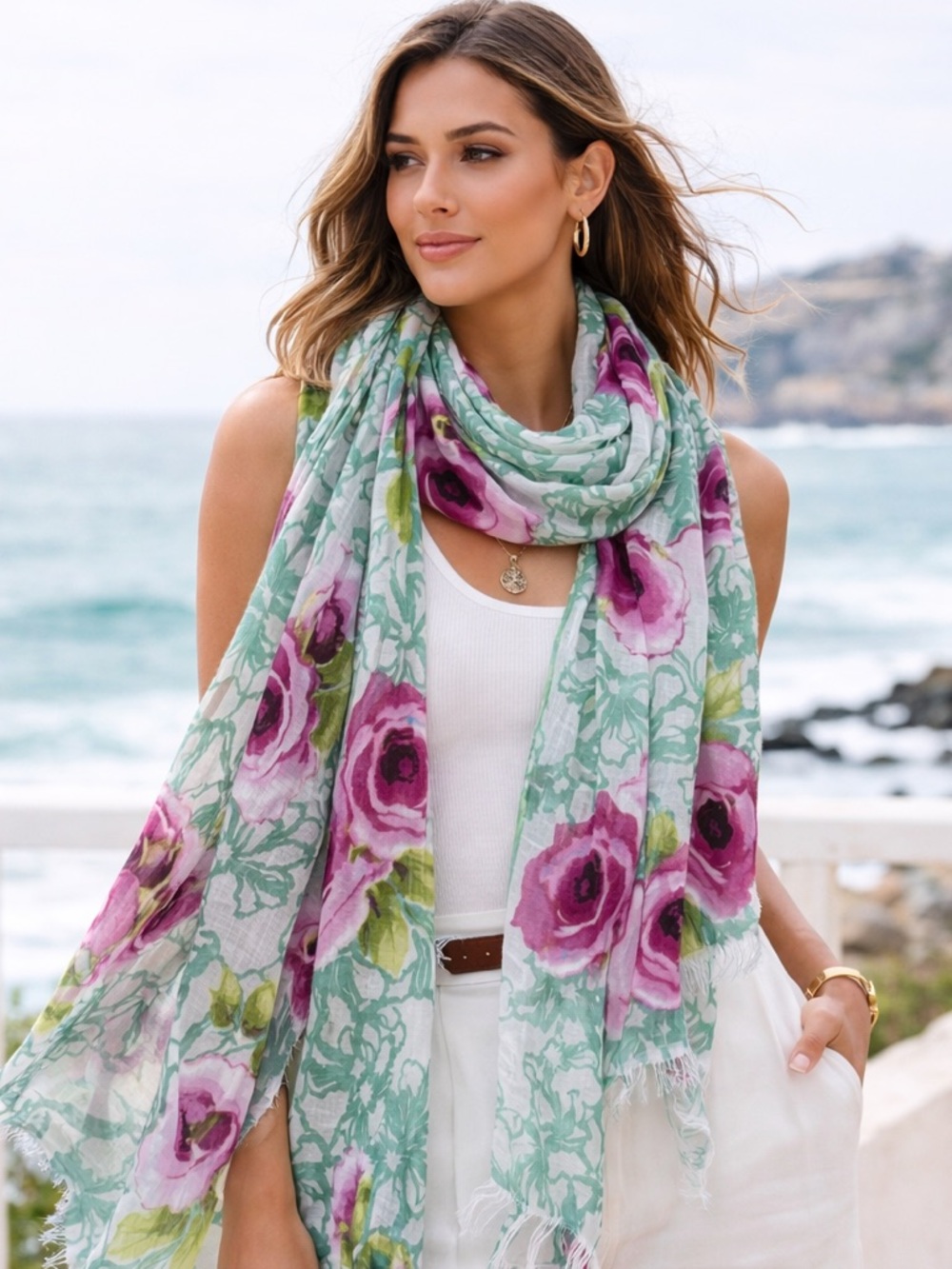 Nardi & Tagliaferri beautiful, pink, white and green rose scarf 36” x 74”